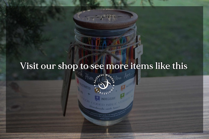 May include: A glass jar with a wooden lid and a decorative tag. The jar contains colorful, color-coded items. The text on the jar reads "Seek Him Who You Are." The image also includes the text "Visit our shop to see more items like this."