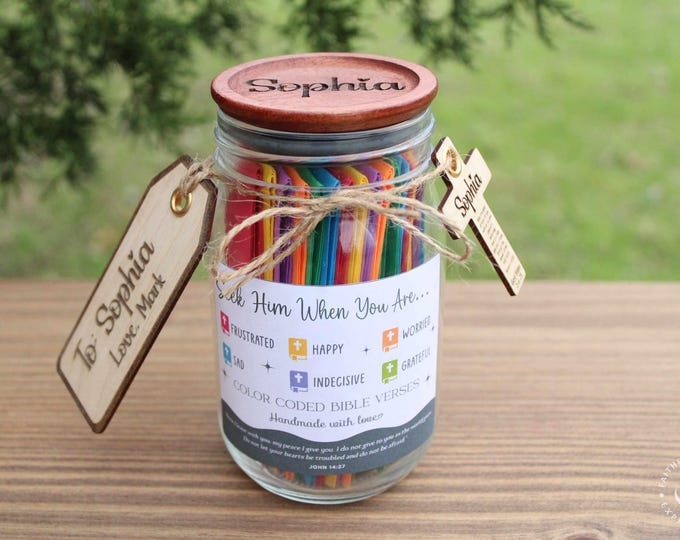 Personalized Bible Verse Jar, Christian Affirmation Gift for Women & Men, Seek Him When Color-Coded Scripture Encouragement Prayer Faith Jar