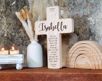 Personalized Baptism Cross for Boy or Girl | Wood Cross with Name | Christian Baptismal Gift Engraved With Bible Verse Scripture | Boho Gift