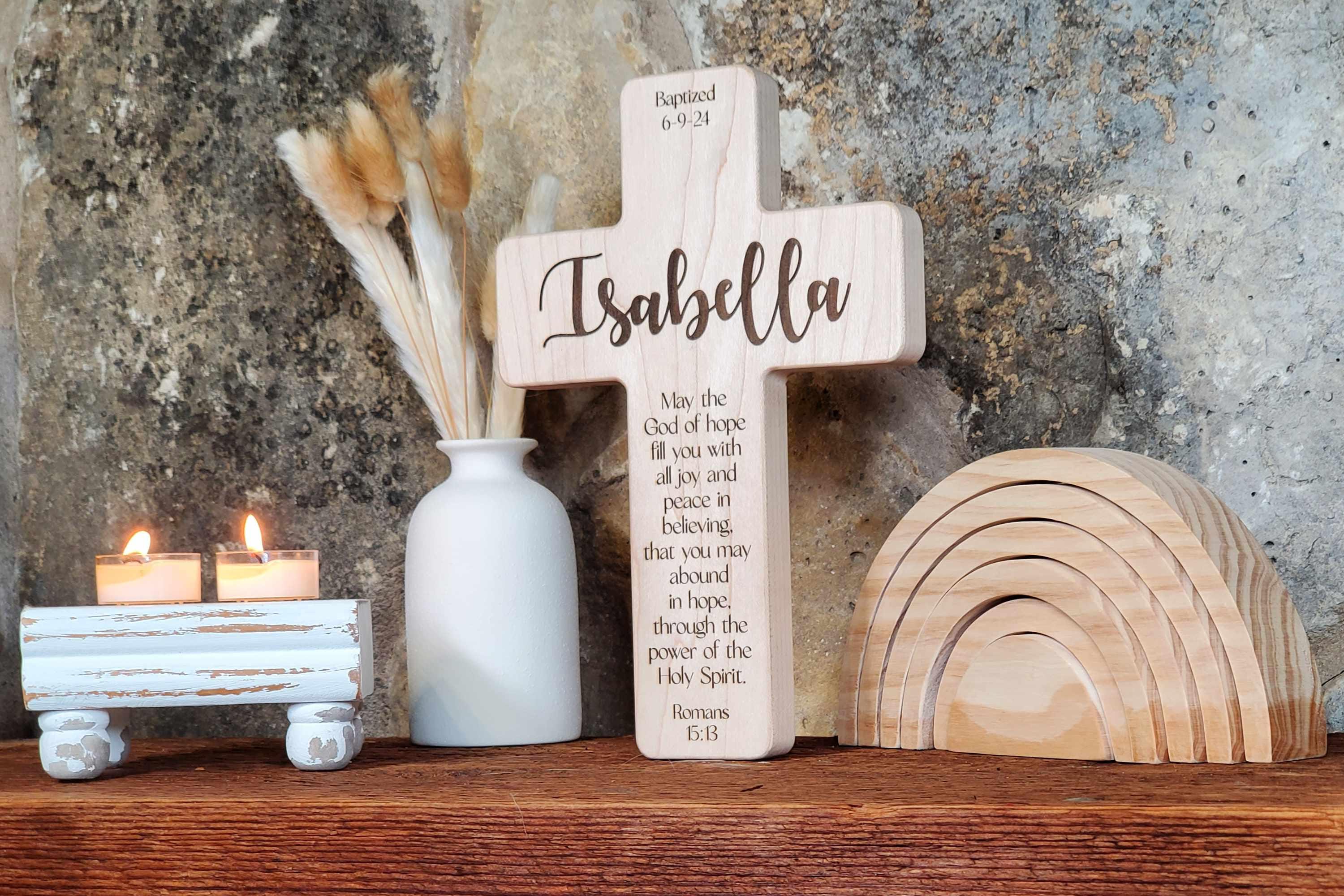 Personalized Baptism Cross for Boy or Girl | Wood Cross with Name | Christian Baptismal Gift Engraved With Bible Verse Scripture | Boho Gift