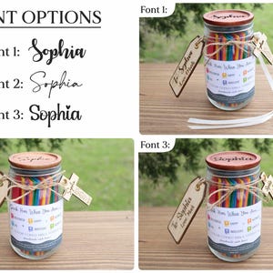 May include: A glass jar with a wooden lid and a label that reads "Sophia". The jar contains colorful sticks and is adorned with wooden tags and a ribbon. The text "Font Options" and "Sophia" are also visible.