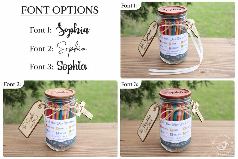 May include: A glass jar with a wooden lid and a label that reads "Sophia". The jar contains colorful sticks and is adorned with wooden tags and a ribbon. The text "Font Options" and "Sophia" are also visible.