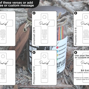 May include: A glass jar with a metal lid, filled with colourful paper strips. Six white cards with cross designs and the name "David" are displayed. The cards feature Bible verses, with one offering a custom message option.