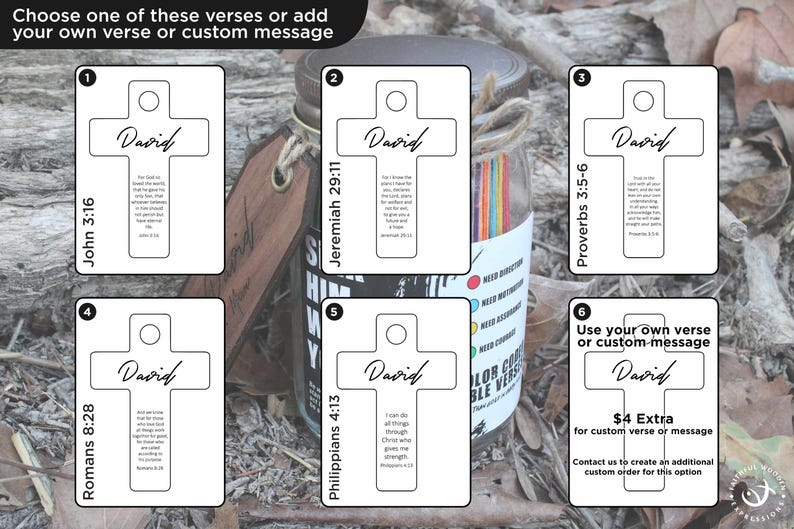 May include: A glass jar with a metal lid, filled with colourful paper strips. Six white cards with cross designs and the name "David" are displayed. The cards feature Bible verses, with one offering a custom message option.