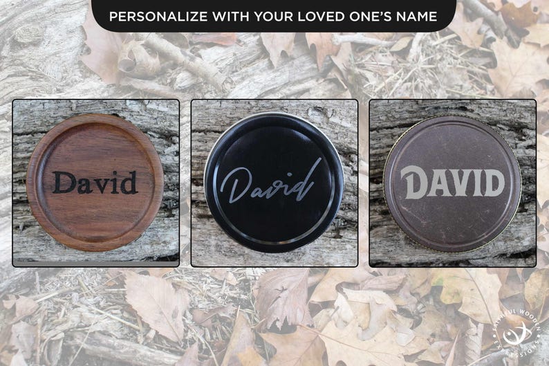 May include: Three round coasters, each engraved with the name "David". One is wooden, one black, and one grey. The text "Personalize with your loved one's name" is at the top. The coasters are for drinks.