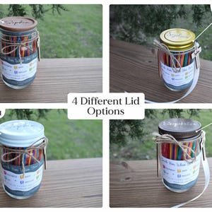 May include: Four glass jars with different lid options: wood, gold metal, white metal, and rustic brown metal. Each jar is filled with colorful sticks and tied with twine. The jars have a label with text.