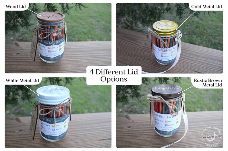 May include: Four glass jars with different lid options: wood, gold metal, white metal, and rustic brown metal. Each jar is filled with colorful sticks and tied with twine. The jars have a label with text.