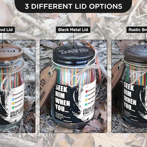 May include: Three mason jars with different lid options: wood, black metal, and rustic brown. Each jar has a label that reads "Seek Him When You..." and "Color Code Bible Verse." The jars are filled with colourful strips.