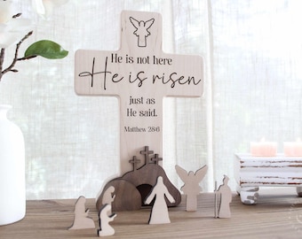 Easter Nativity Resurrection Scene | Handmade Wooden Display | Christian Empty Tomb Decor | He Is Risen Gift for Religious Home or Church