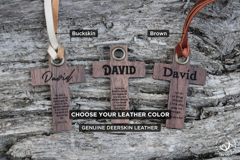 May include: Wooden cross pendants engraved with "David", available with buckskin or brown leather straps. The crosses feature Bible verses and are made of genuine deerskin leather.