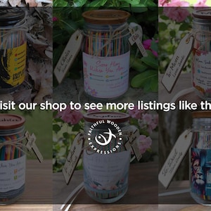May include: Glass jars with wooden lids and tags, filled with colourful sticks. Each jar has a unique label and tag with text. The jars are tied with twine. The text "Visit our shop to see more listings like this" is also visible.