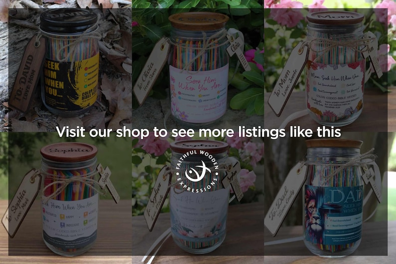 May include: Glass jars with wooden lids and tags, filled with colourful sticks. Each jar has a unique label and tag with text. The jars are tied with twine. The text "Visit our shop to see more listings like this" is also visible.