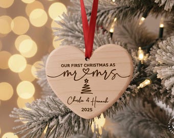 Personalized Mr and Mrs First Christmas Wedding Ornament - Handmade Engraved Wooden Heart - Shatterproof Newlywed Keepsake Gift for Couple