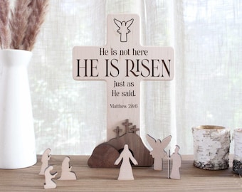He Is Risen Christian Decor | Empty Tomb Resurrection Scene | Handmade Wooden Easter Nativity Gift | Religious Keepsake for Home or Family