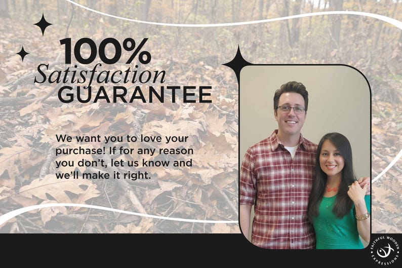 May include: A photograph of a couple with a blurred background. The text "100% Satisfaction GUARANTEE" is displayed above a message about customer satisfaction. The man wears a red plaid shirt, and the woman wears a green top.