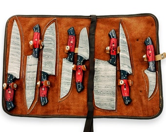 Custom Damascus Steel 8-teiliges professionelles Küchenmesserset mit Chopper / Cleaver & Roll Case Bag - Red Pakka Wood Griffe
