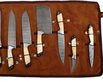 Handgefertigtes 7-teiliges Küchenmesser-Set aus Damaststahl mit Griffen aus Kamelknochen und Pakkaholz