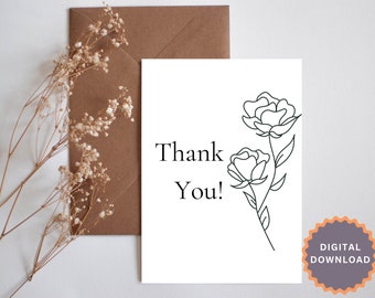 Thank You Card Template, Thank You Card Printable, Thank You Card, Simple Thank You, Digital Download Card, Instant Download, Rose Thank You