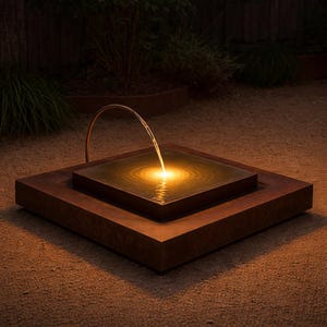 Modern Water Feature Fountain – Corten Steel Look Finish with LED Lighting (squared shape)