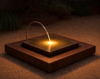 Modern Water Feature Fountain – Corten Steel Look Finish with LED Lighting (squared shape)