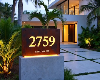 Custom Steel Address Sign with LED Backlighting – Modern Corten Style House Numbers