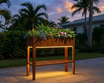 Huerto elevado con iluminación LED y estante abierto: macetero moderno artesanal para exteriores.