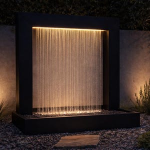 Modern Rain Curtain Water Fountain | Large Garden Waterfall | Minimalist Steel Fountain with LED Light