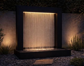 Fuente de agua moderna con cortina de lluvia / Gran cascada de jardín / Fuente minimalista de acero con luz LED
