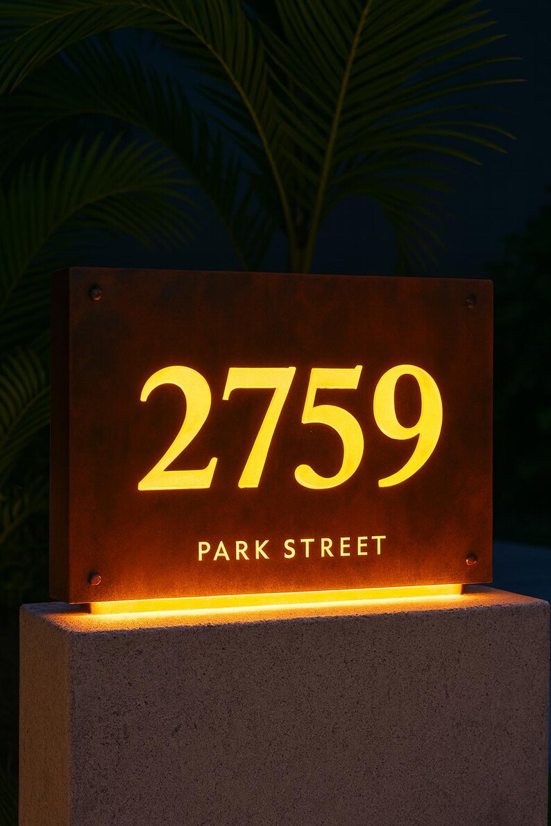 Custom Steel Address Sign With LED Backlighting – Modern Corten Style ...
