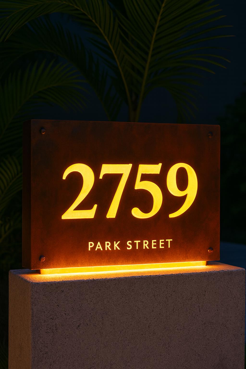 Steel Address Sign Custom Steel Address Sign With LED Backlighting – Modern Corten Style ...
