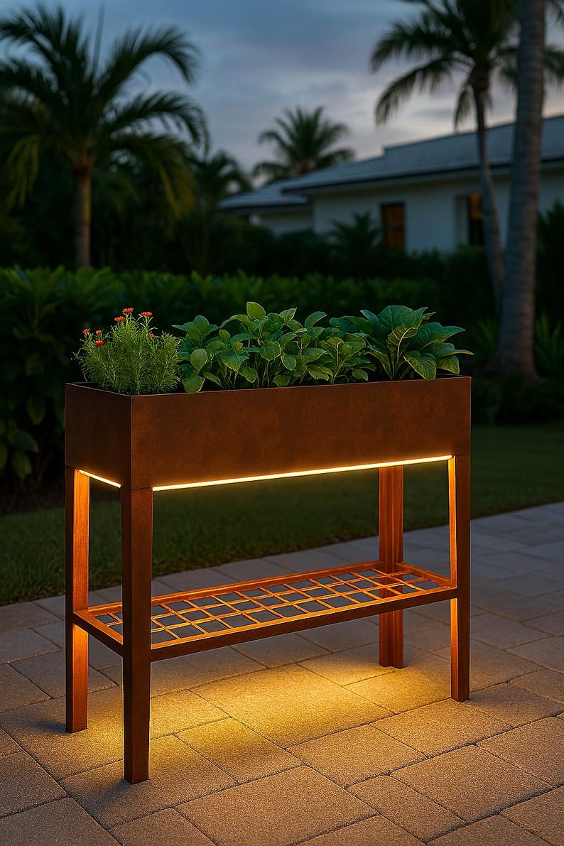 Raised Garden Bed With LED Lighting & Open Shelf – Modern Handcrafted ...