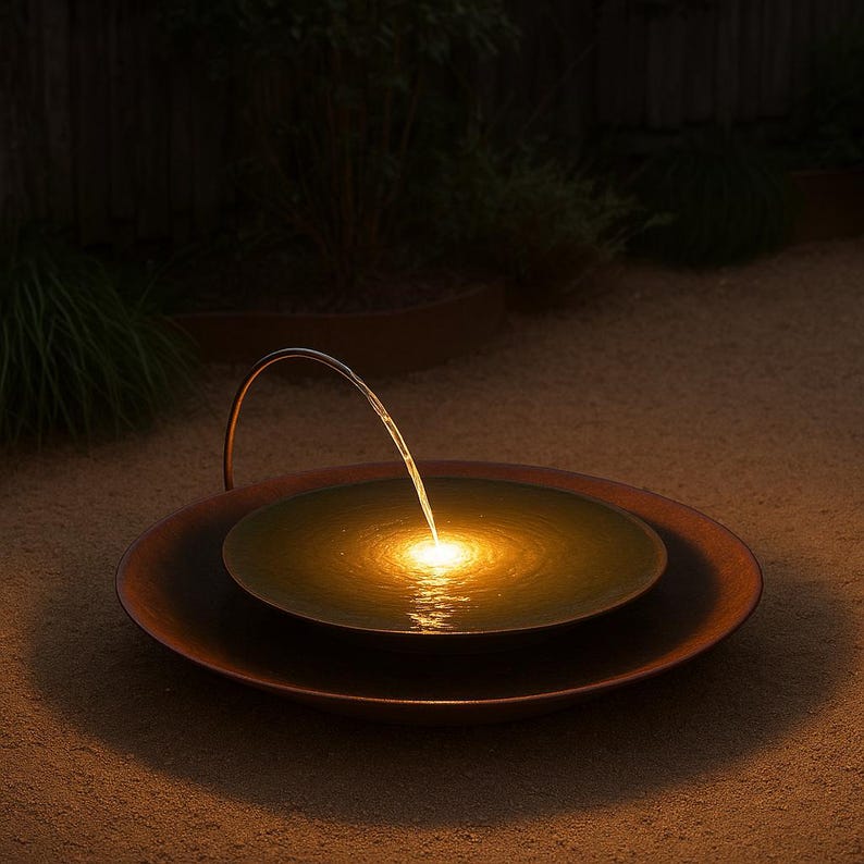 May include: A copper outdoor water fountain with a gentle stream of water flowing into a central basin. The water is illuminated by a warm, golden light, creating a tranquil ambiance. The fountain is set on a bed of sand.