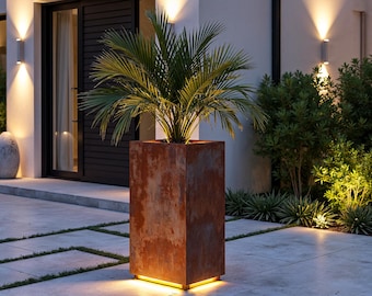 Macetero moderno de acero con iluminación LED - Decoración exterior con acabado en pátina de óxido de 89 cm