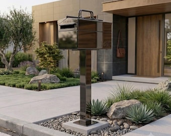 Buzón de lujo de acero inoxidable, diseño industrial moderno, números de casa personalizados.