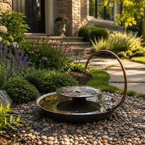 May include: A dark-toned circular water fountain featuring a tiered basin design and a curved copper-colored metal arm that arches over the center. The fountain is filled with water and includes a black power cord extending from the base.
