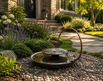 Modern Bird Bath Fountain – Rustic Copper  Look Finish with LED Lighting