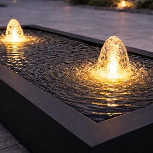 May include: A rectangular black water fountain featuring two illuminated water jets. The water creates concentric ripples across the dark surface, while warm golden lights shine from within each fountain nozzle, highlighting the movement of the water.