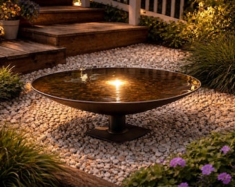 Cuenco de agua minimalista con luz LED: 76 cm, artesanal, para jardín o patio.