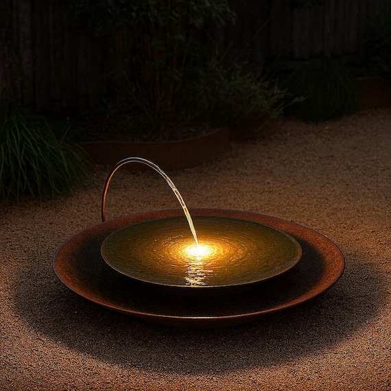 Modern Bird Bath Fountain – Rustic Copper  Look Finish with LED Lighting