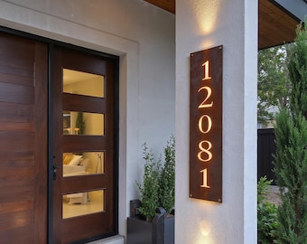 Letrero de dirección de acero personalizado con retroiluminación LED: números de casa de estilo vertical