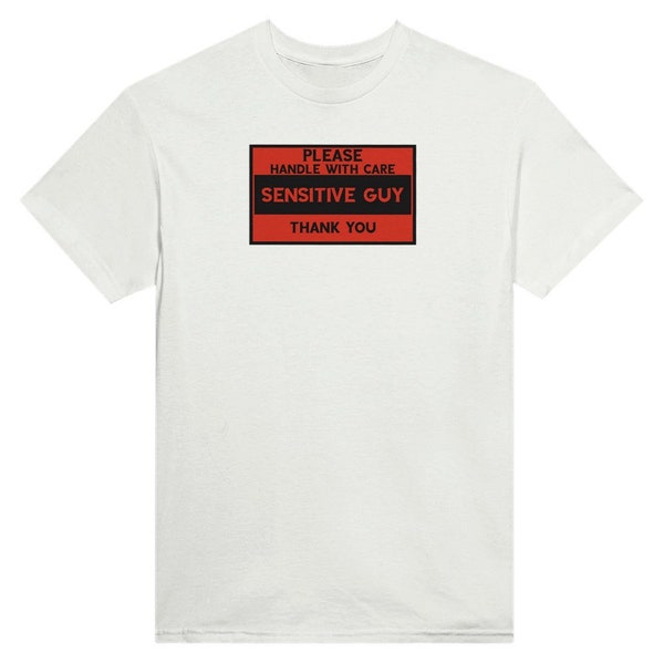 Sensitive guy Heavyweight Unisex Crewneck T-shirt please handle with care sensitive guy thank you design in white and black text and shirts