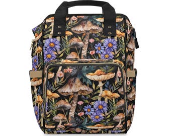 Floral Mushroom Print Diaper Backpack: Stylish Nylon Travel Mom Bag