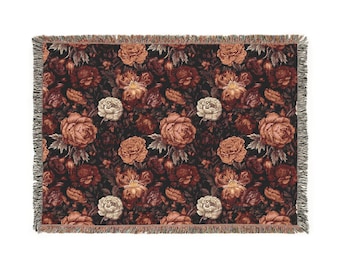 Floral Woven Cotton Blanket: Bohemian Farmhouse Throw with Fringe