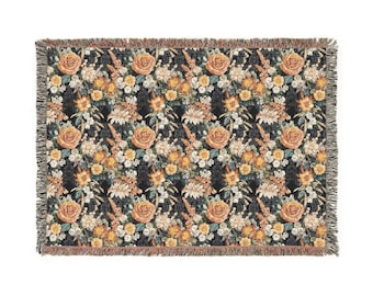 Floral Woven Cotton Blanket: Boho Style Throw with Colorful Fringe