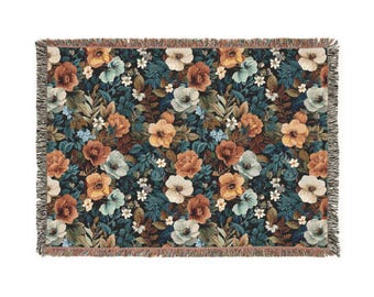 Boho Farmhouse Floral Throw Blanket: Woven Cotton with Fringe