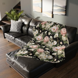 Samt-Decke, Shabby-Chic-Mikrofaser-Überwurf mit Blumenmuster, stimmungsvolle botanische Kuscheldecke, gotische Bauernhausdekoration, wunderlicher doppelseitiger Druck