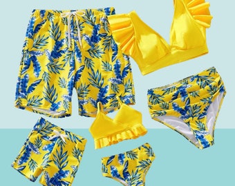 Family Matching Swimwear| Mommy and Me Swimwear| Daddy and Me Swimwear | Family Vacation Outfits Yellow Leaf Print Swim Trunks