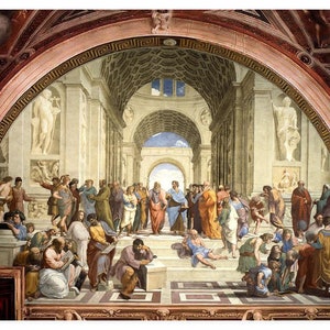 May include: A Renaissance-era fresco painting depicting a group of people in a grand hall. The figures are arranged in a semi-circle, with a central figure standing out. The painting is filled with intricate details, including architectural elements, clothing, and facial expressions.