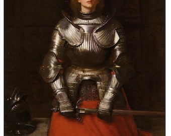 May include: A woman in full armor kneels with her head tilted upwards, her eyes closed in prayer. She is wearing a silver breastplate, chainmail, and gauntlets. A sword lies across her lap, and a red cloak drapes around her.