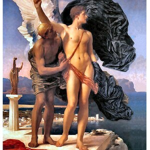 May include: A classical painting depicts two figures with wings. One figure, with a red sash, stands with a dark cloak draped over their arm. The other figure, with a raised arm, appears to be guiding the first. A red cloth lies on the ground.